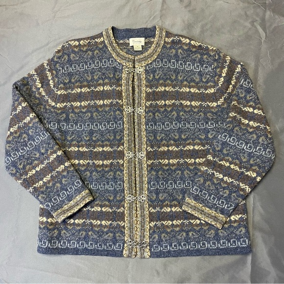 100% Wool Nordic Ski Cardigan Sweater Cambridge Pewter Clasps Medium Gray Blue - Picture 1 of 10
